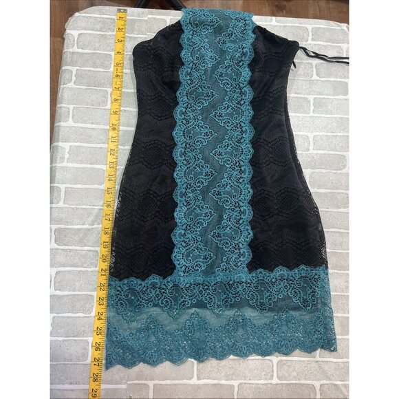 FREE PEOPLE ~X Small ~ Teal & Black Lace NATASHA Bodycon High Neck Dress - Picture 13 of 16